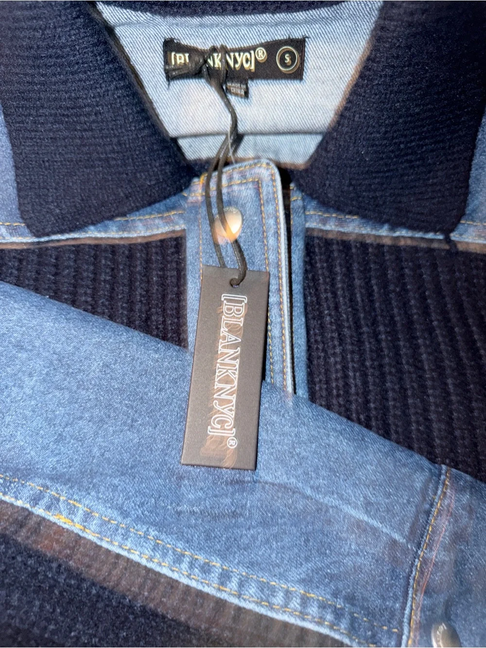 Blank NYC womens Navy Knit & Light Blue Denim Hybrid Sweater Jacket size small